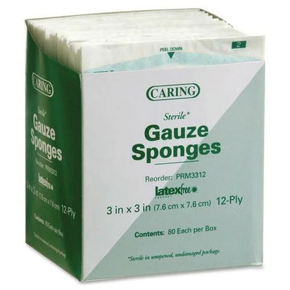 Medline Sterile Gauze Sponges: 12-Ply 3’’ x White - 80/Box - Bandages & Wraps