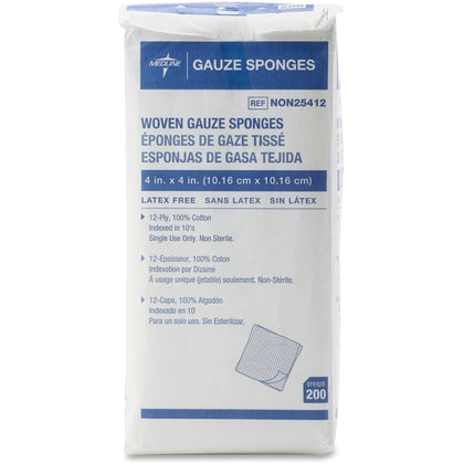 Medline Woven Gauze Sponges: 12-Ply 4’’ x White - 200/Box - Bandages & Wraps