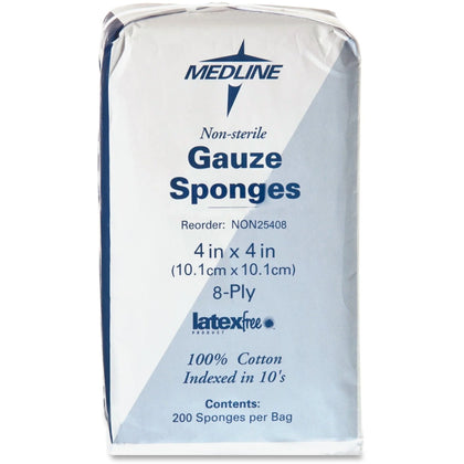 Medline Woven Gauze Sponges: 8-Ply 4’’ x White - 200/Box - Bandages & Wraps