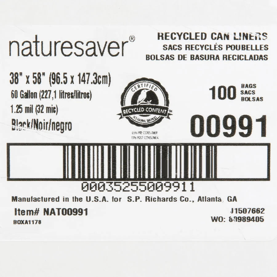 Nature Saver Black Low-density Recycled Can Liners - Extra Large Size - 60 gal Capacity - 38’’ Width x 58’’ Length