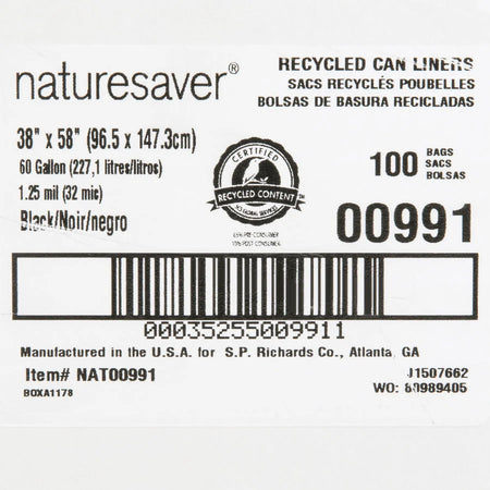 Nature Saver Black Low-density Recycled Can Liners - Extra Large Size - 60 gal Capacity - 38’’ Width x 58’’ Length