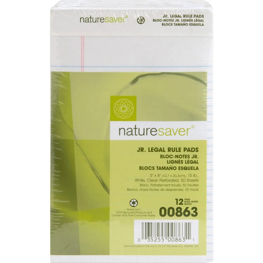 Nature Saver Jr. Rule Legal Pads - 100% Recycled - 5’’ x 8’’ - 1 Dozen - Letter &