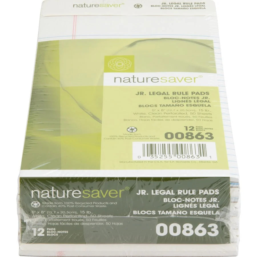 Nature Saver Jr. Rule Legal Pads - 100% Recycled - 5’’ x 8’’ - 1 Dozen - Letter &