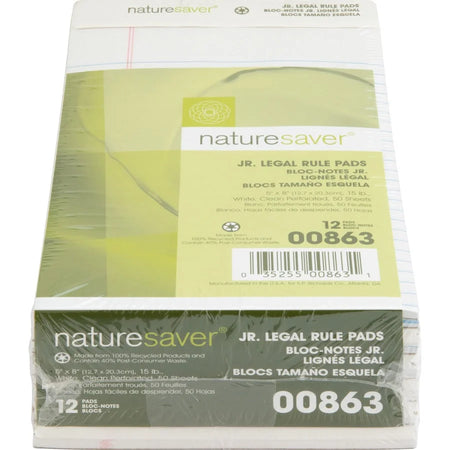 Nature Saver Jr. Rule Legal Pads - 100% Recycled - 5’’ x 8’’ - 1 Dozen - Letter &