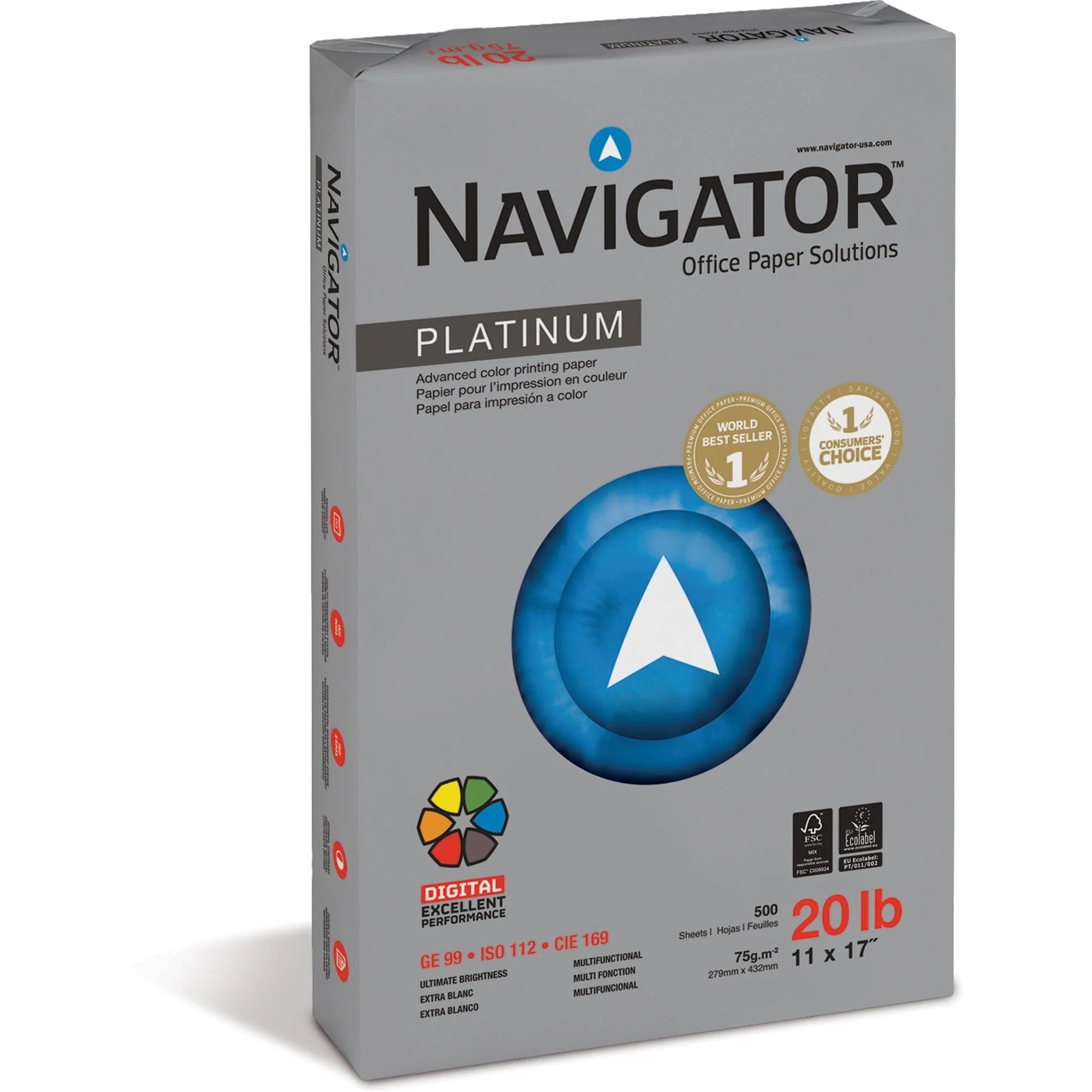 Navigator Platinum Multipurpose Paper: Silky Touch 99 Brightness 11’’ x 17’’ 20 lb 500 Sheets/Ream - Copy & Printer