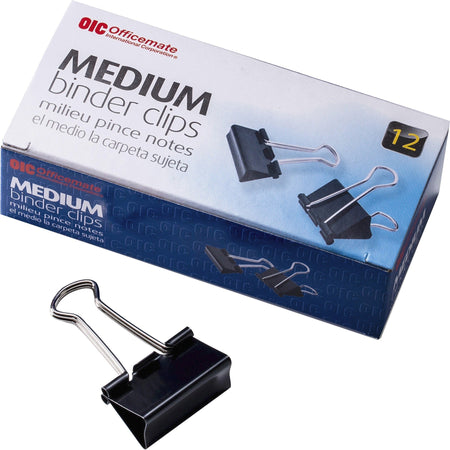 Officemate Binder Clips: Medium 2.4’’ Width 0.62’’ Size Capacity - Black 12/Box - Bulldog Clips