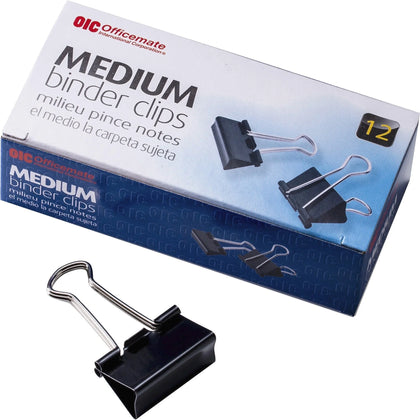 Officemate Binder Clips: Medium 2.4’’ Width 0.62’’ Size Capacity - Black 12/Box - Bulldog Clips