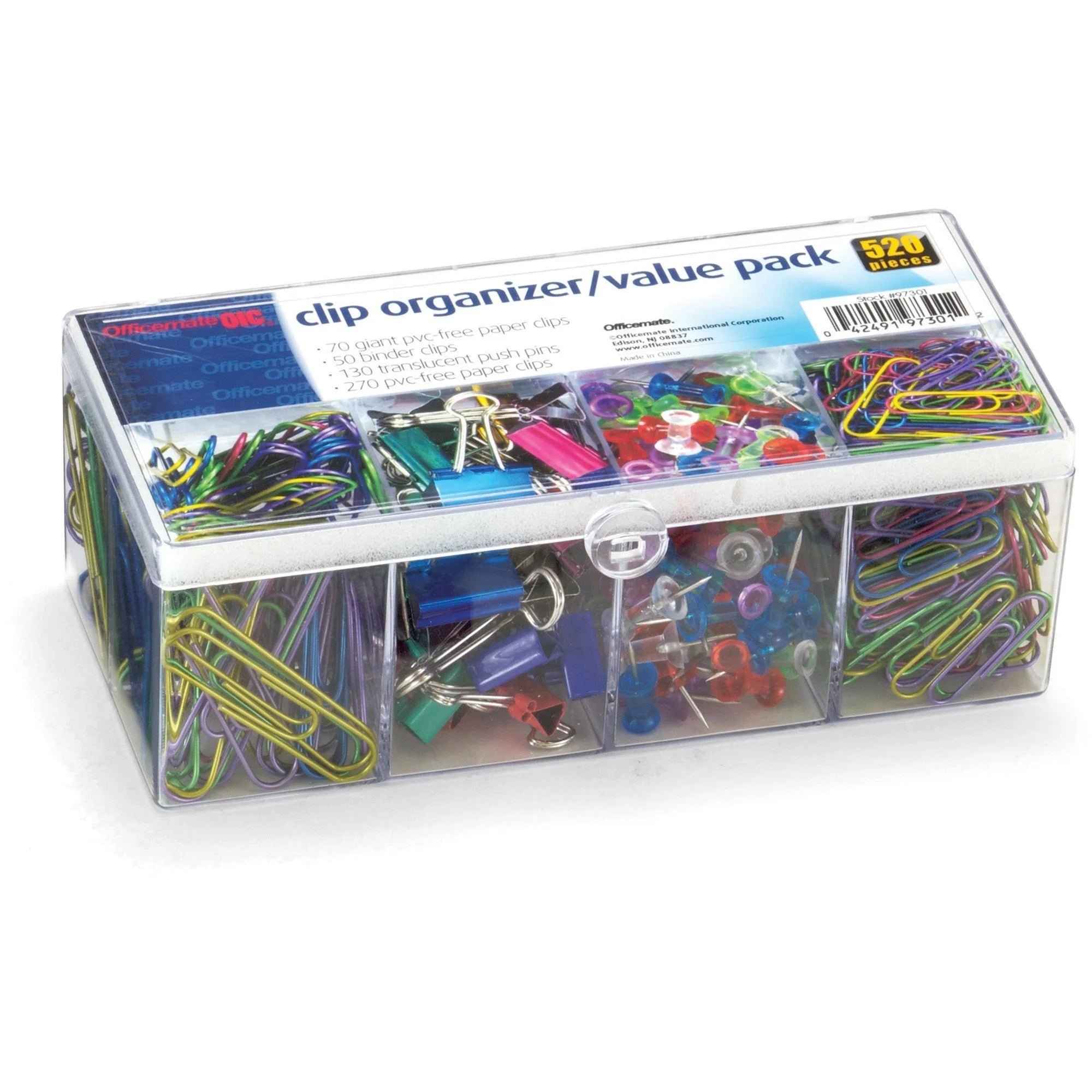 Officemate Flip Lid Clip Organizer: Assorted Clips - 520 Pack - Paper