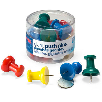 Officemate Giant Push Pins: 1.5’’ Length Assorted Colors - 12 Pack - Board & Easel Accessories