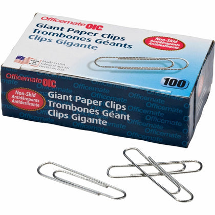 Officemate Jumbo Nonskid Paper Clips: 2’’ Length x 0.5’’ Width - Silver Steel - 100/Box - Clips