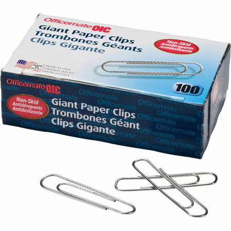Officemate Jumbo Nonskid Paper Clips: 2’’ Length x 0.5’’ Width - Silver Steel - 100/Box - Clips