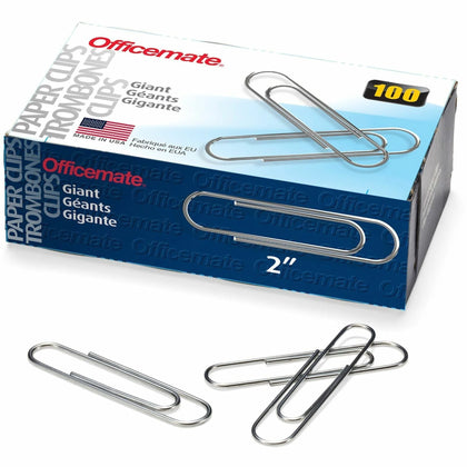 Officemate Jumbo Paper Clips: 2’’ Length x 0.5’’ Width - Silver Steel - 100/Box - Clips