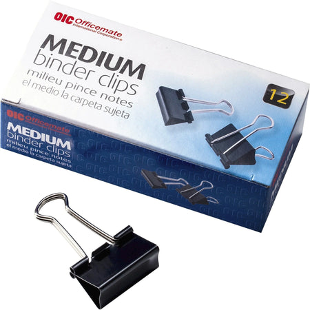Officemate Medium Binder Clips - 0.62’’ Size Capacity - Corrosion Resistant - Black - 12/Box - Bulldog