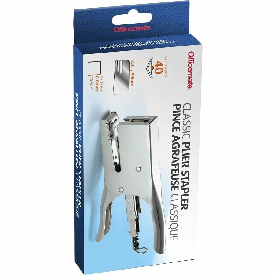 Officemate Plier Stapler: Rear Loading Silver Metal - 0.25’’ & 0.31’’ Staples - Staplers