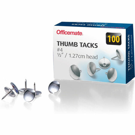 Officemate Steel Thumb Tacks - Silver Finish - 100 Count Box - Board & Easel Accessories