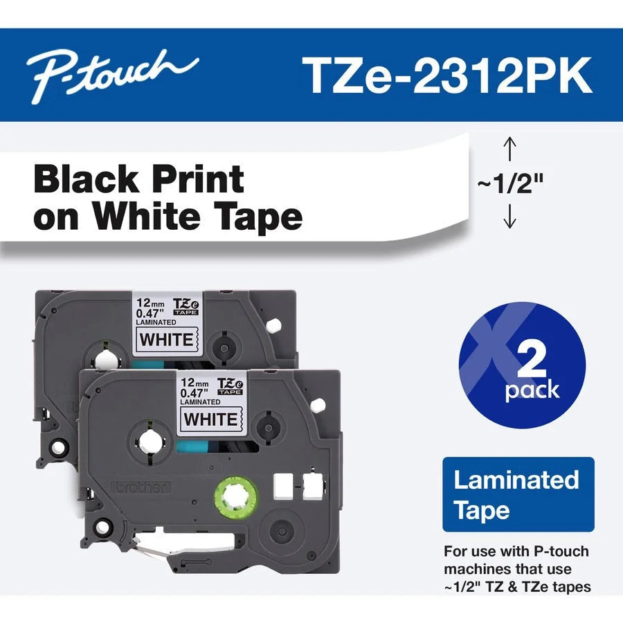 P-touch 1/2’’ Black/White TZe Laminated Tape Value Pack-x Width Black White 2 / Pack Water Resistant (BRTTZE2312PK)