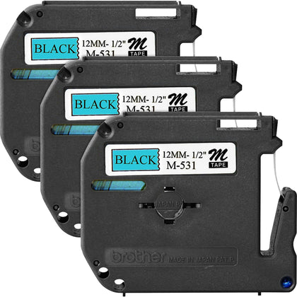 P-touch Nonlaminated M Series Tape Cartridge - 1/2’’ x 26 1/5 ft - Blue/Black - 3-Pack - Label Maker Supplies