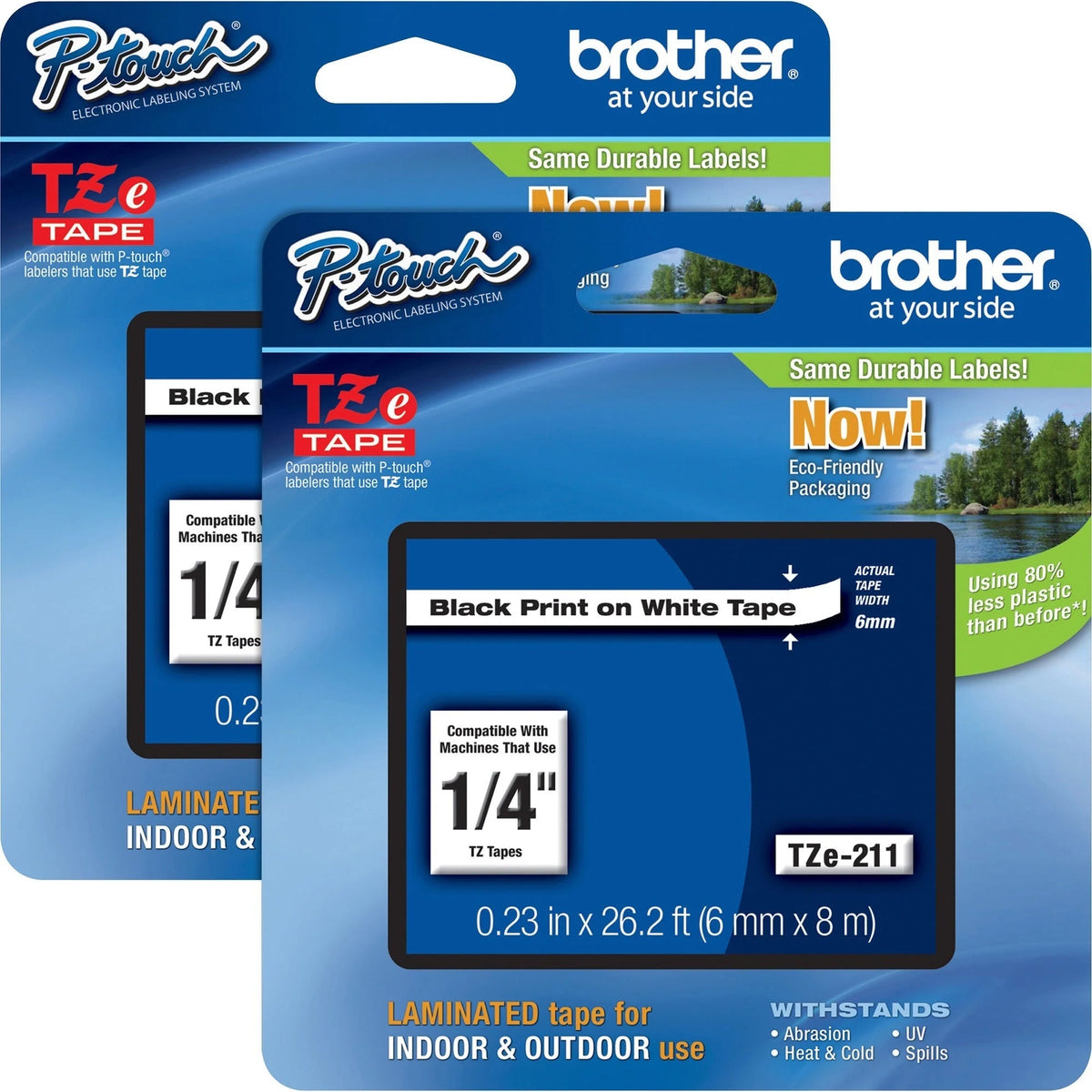 P-touch TZe 1/4’’ White Laminated Tape Cartridges - Water Grease & Grime Resistant - 2-Pack - Label Maker Supplies