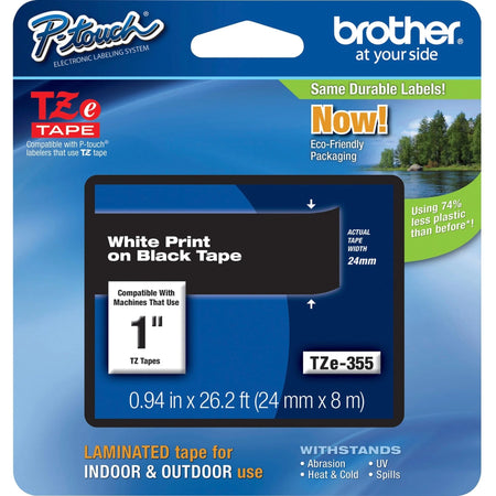 P-touch TZe Laminated Tape: 1’’ x 26.2 ft - White/Black - Water Grease & Grime Resistant - Label Maker Supplies