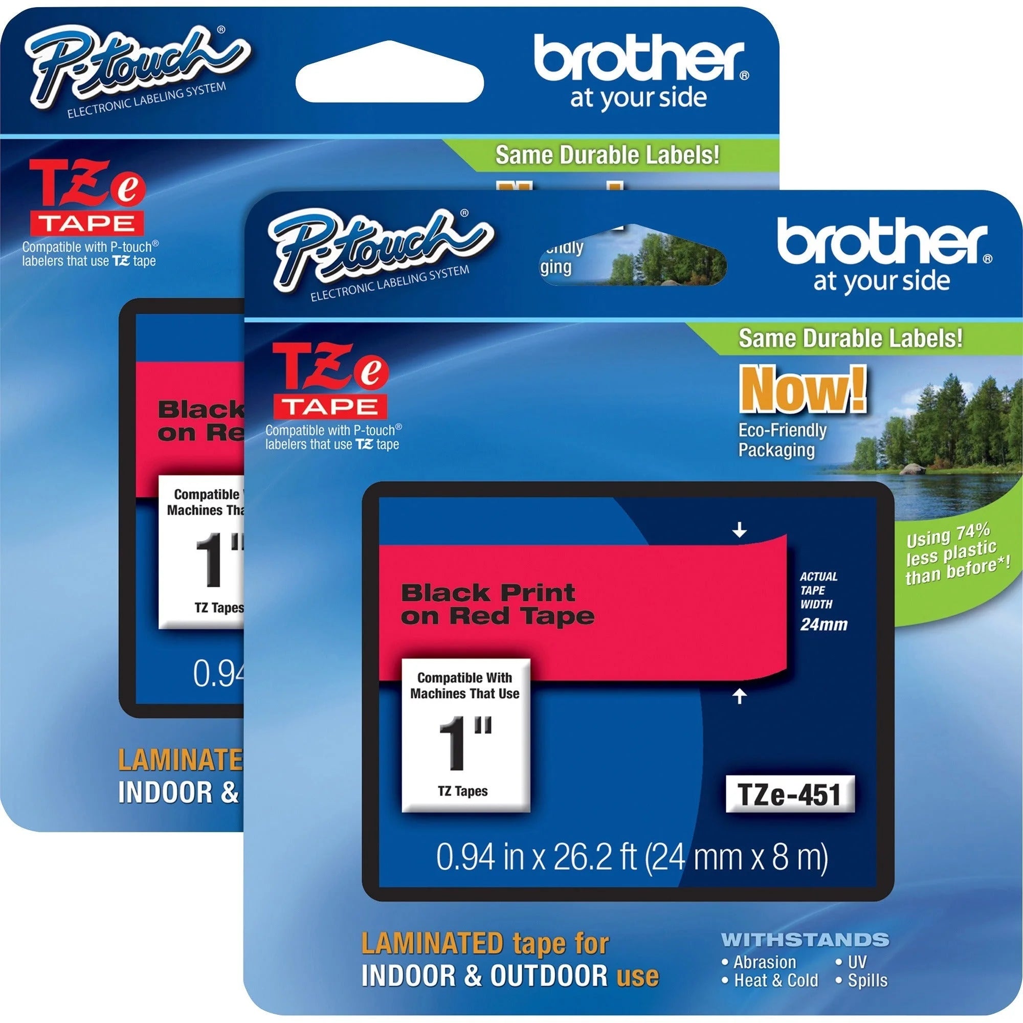P-touch TZe Laminated Tape Cartridges: 15/16’’ Width Thermal Transfer Black & Red - 2-Pack - Label Maker Supplies