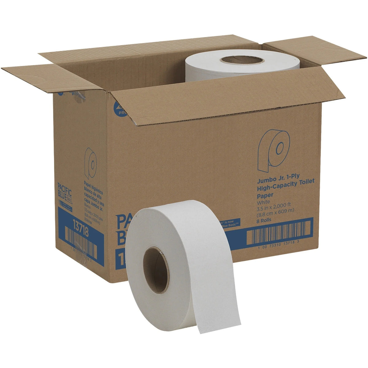 Pacific Blue Basic Jumbo Jr. Toilet Paper: High-Capacity 1-Ply Rolls - 2000 ft - White - 8/Ctn - Bathroom Tissue