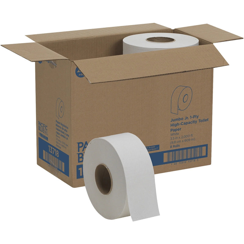 Pacific Blue Basic Jumbo Jr. Toilet Paper: High-Capacity 1-Ply Rolls - 2000 ft - White - 8/Ctn - Bathroom Tissue