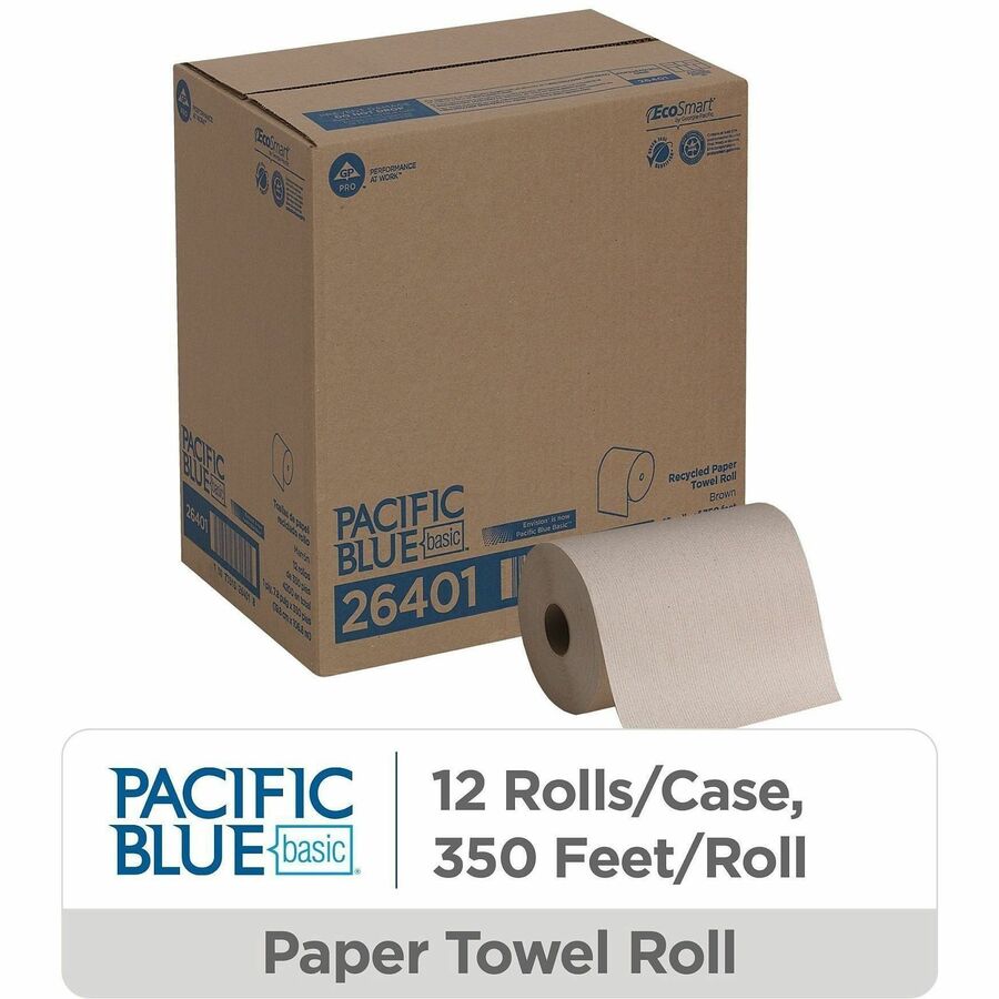 Pacific Blue Basic Recycled Paper Towel Roll - 1 Ply - 7.87’’ Width x 350 ft Length - Natural - 12 / Carton - Towels