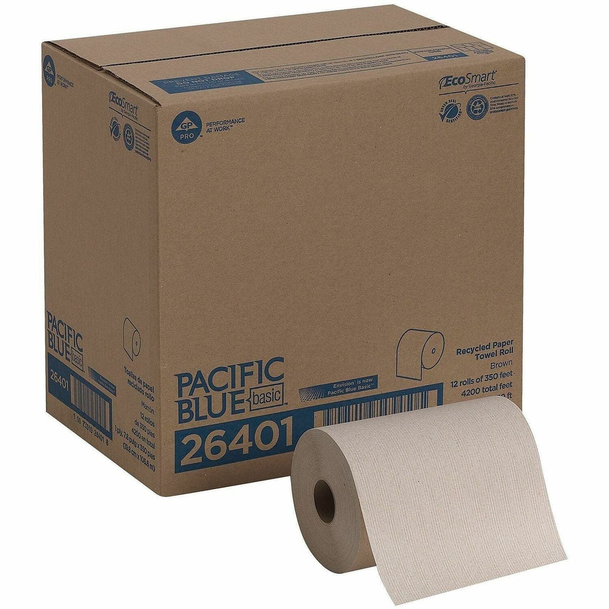 Pacific Blue Basic Recycled Paper Towel Roll - 1 Ply - 7.87’’ Width x 350 ft Length - Natural - 12 / Carton - Towels
