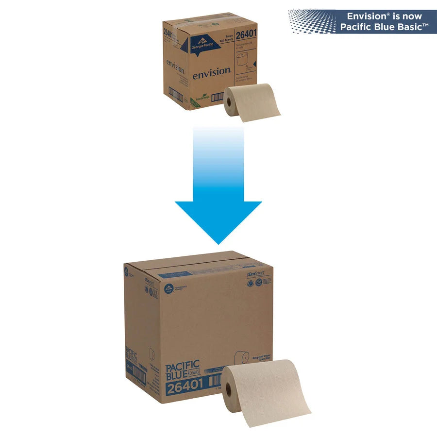 Pacific Blue Basic Recycled Paper Towel Roll - 1 Ply - 7.87’’ Width x 350 ft Length - Natural - 12 / Carton - Towels