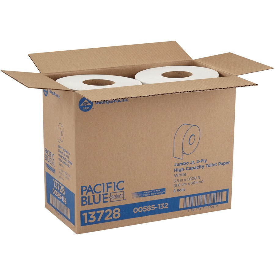 Pacific Blue Select Jumbo Jr. Toilet Paper - 2 Ply1000 ft Length - 9’’ Roll Diameter - White - 8 / Carton - Bathroom