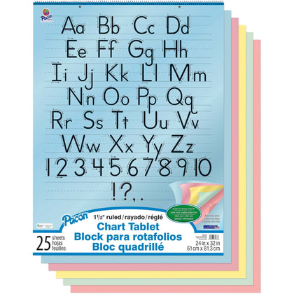 Pacon Colored Paper Chart Tablet - 25 Sheets - 1.50’’ Ruled - 24’’ x 32’’ - Assorted - Spiral Bound - Handwriting & Pads