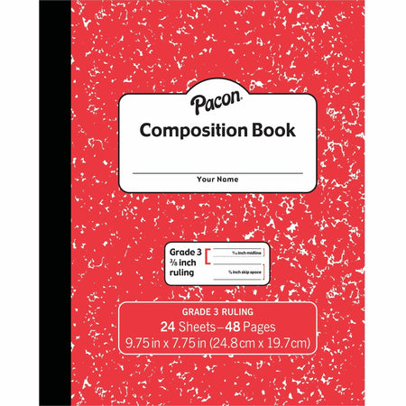 Pacon Composition Book - 24 Sheets - 48 Pages - 9.8’’ Width x 7.5’’ Depth - Red Marble Cover - Durable Soft - 1 Each