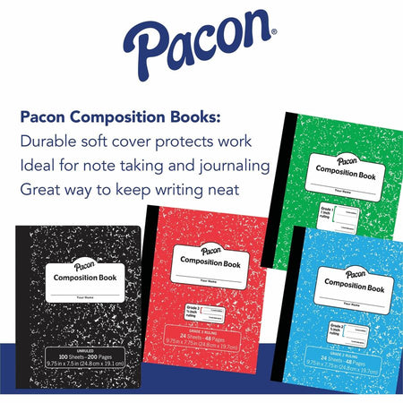 Pacon Composition Book - 24 Sheets - 48 Pages - 9.8’’ Width x 7.5’’ Depth - Red Marble Cover - Durable Soft - 1 Each