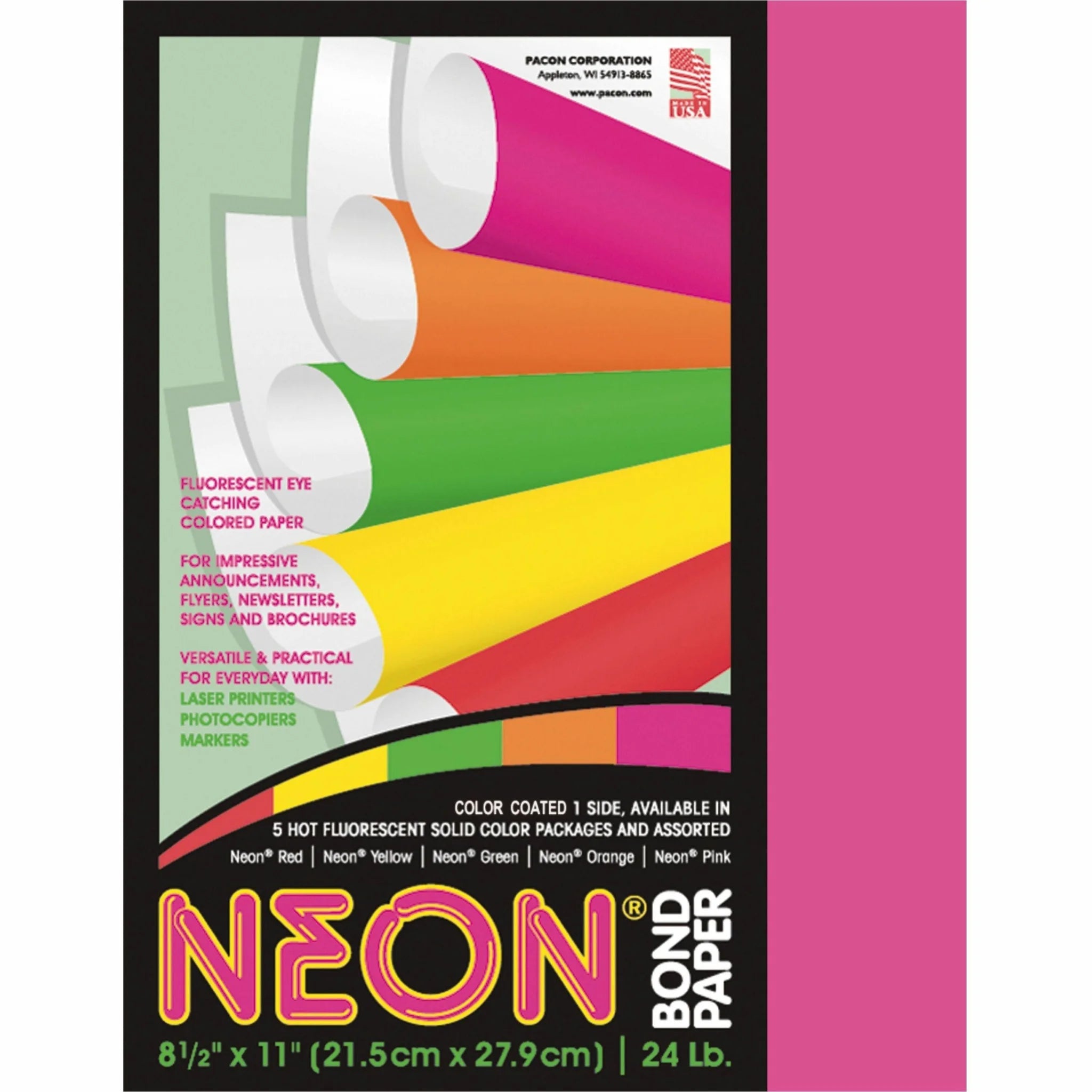Pacon Neon Pink Paper: 8.5’’ x 11’’ 24 lb - SFI Certified - Copy & Printer Paper