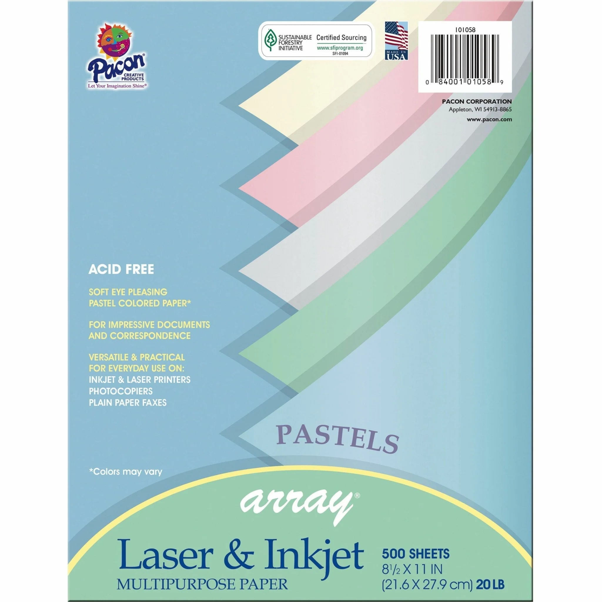 Pacon Pastel Multipurpose Paper: 20 lb SFI Certified - 500 Sheets - 5 Colors - Copy & Printer Paper