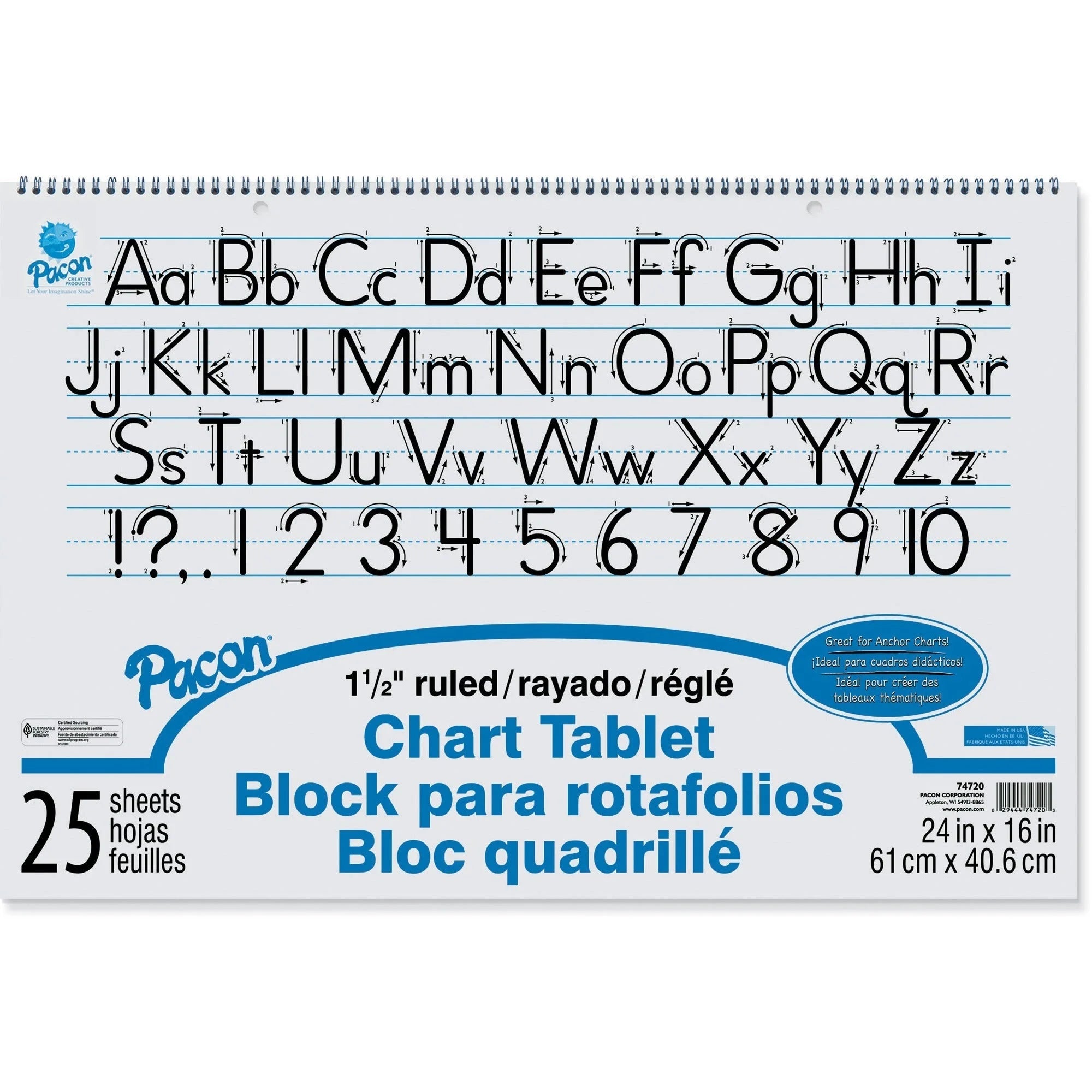 Pacon Ruled Chart Tablet: 25 Sheets 1.50’’ 24’’ x 16’’ - White Paper - Handwriting & Pads
