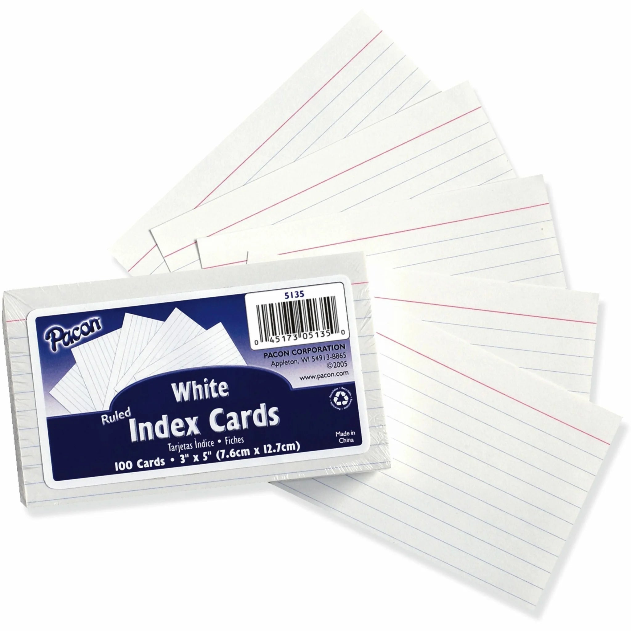 Pacon Ruled Index Cards - 3’’ x 5’’ White Paper - 0.25’’ - 100/Pack - & Accessories
