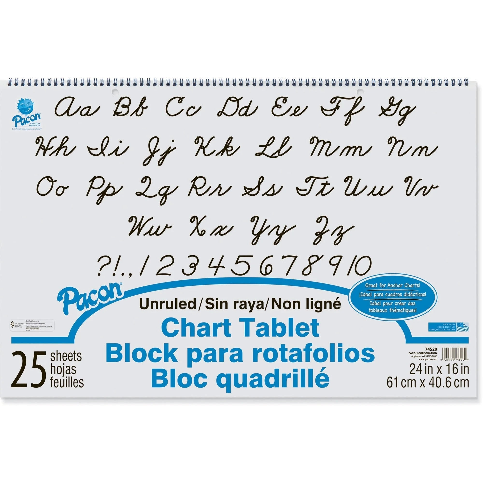 Pacon Unruled Chart Tablet: 24’’ x 16’’ - Spiral Bound - Sturdy Back - White Paper - Handwriting & Pads
