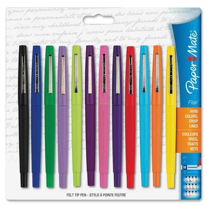 Paper Mate Flair Felt Tip Pens: 1.1mm Medium Point Assorted Ink Nylon - 12 Pack - Pens