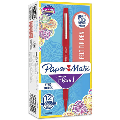 Paper Mate Flair Red Felt Tip Pens - Medium Point - Water Based - 1 Dozen