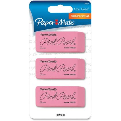 Paper Mate Pink Pearl Eraser - Soft Pliable Rubber - 3 Pack - Smudge-free - Erasers