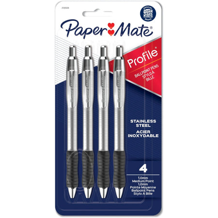 Paper Mate Profile Ballpoint Pens - 1mm Point Gray Ink - Stainless Steel Barrel - 4 Pack