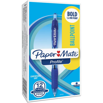 Paper Mate Profile Ballpoint Pens - Bold 1.4mm Blue Gel Ink - Retractable - 1 Dozen