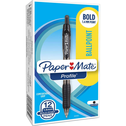 Paper Mate Profile Ballpoint Pens - Bold 1.4mm - Gel Ink - Black - 12 Pack