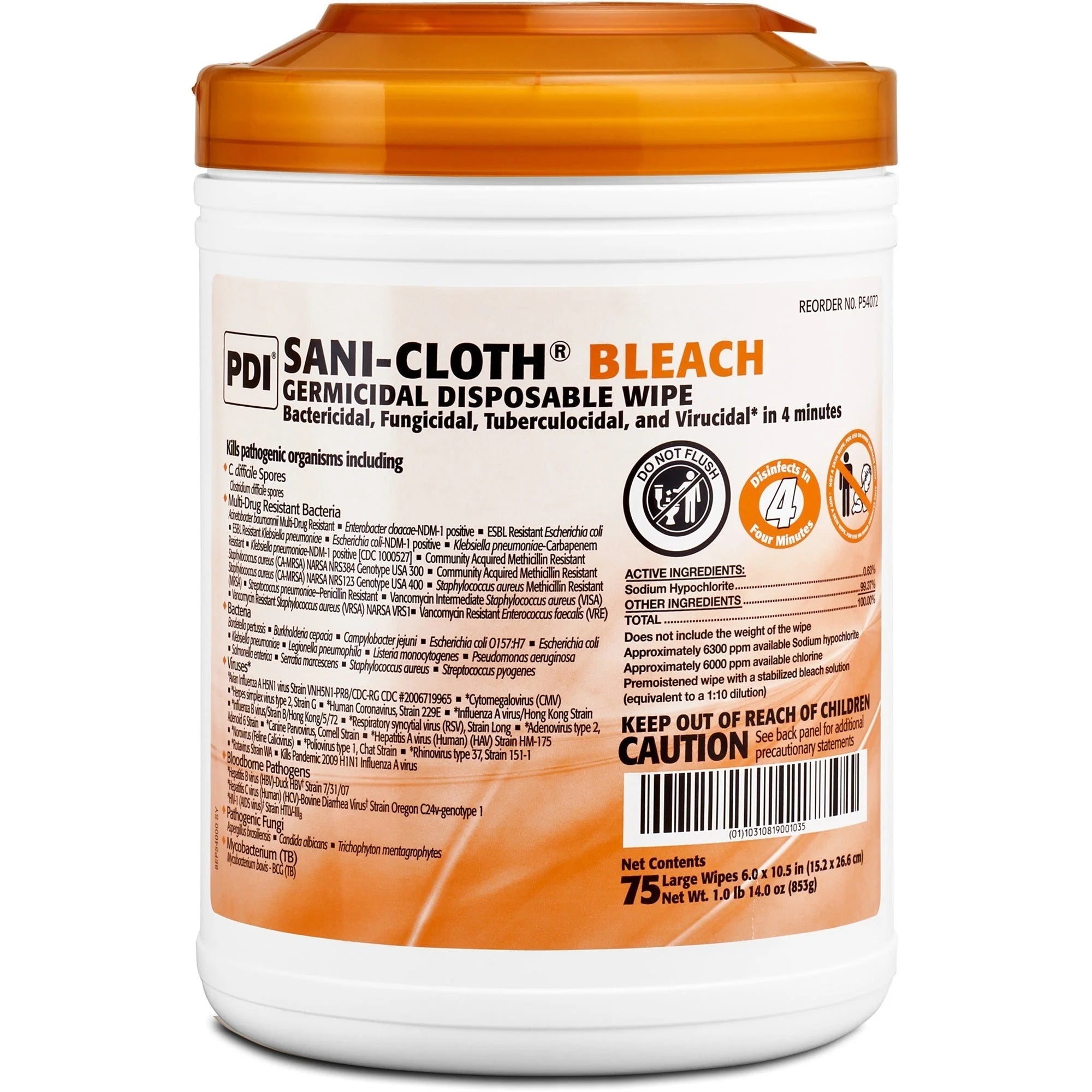 PDI Sani-Cloth Bleach Germicidal Wipes - 75 Tub - Cleaning