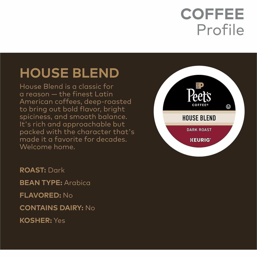 Peet’s Coffee® K-Cup House Blend Coffee - Compatible with Keurig Brewer - Dark - 22 / Box