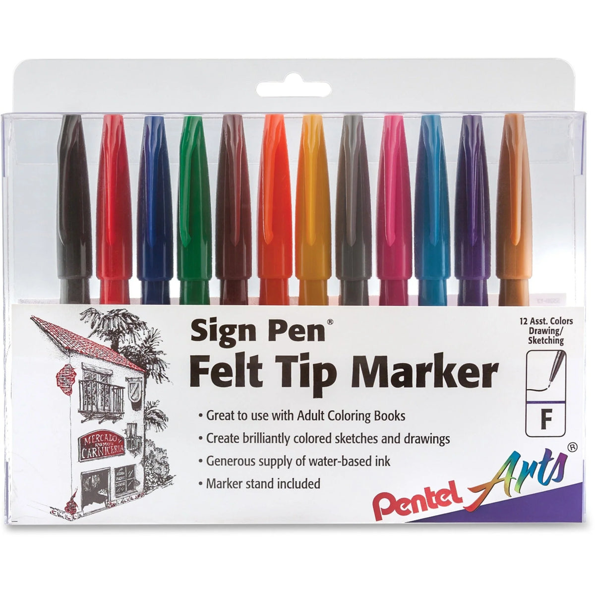 Pentel Arts Sign Pens: Bold Point Assorted Ink Water-Based - 12 Pack - Markers & Dry-Erase