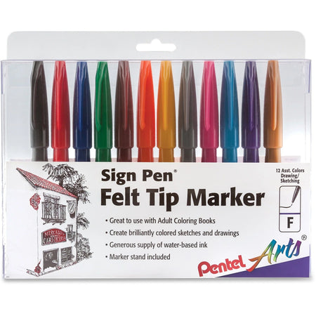 Pentel Arts Sign Pens: Bold Point Assorted Ink Water-Based - 12 Pack - Markers & Dry-Erase