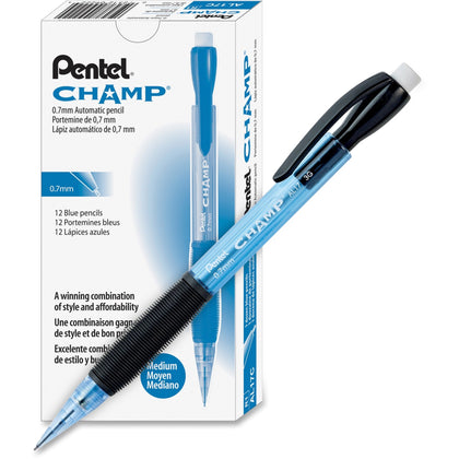Pentel Champ Mechanical Pencils: 0.7mm Lead #2 Blue Barrel - Refillable - 1 Dozen - Pencils