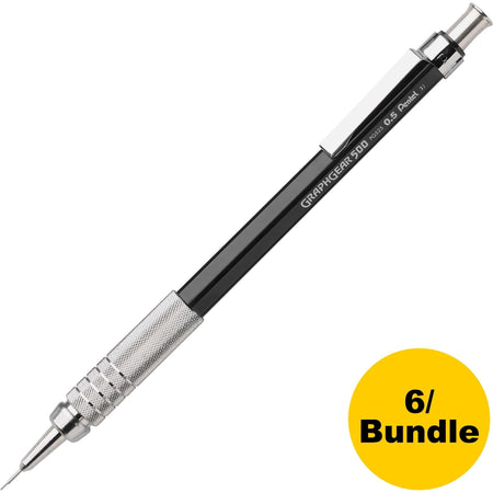 Pentel GraphGear 500 Mechanical Pencils - 0.5mm HB Lead - Black Barrel - 6-Pack